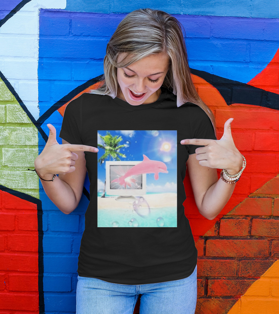Frutiger Aero Y2k Vaporwave Palm Tree Pink Dolphin Cyberpunk Aesthetic T-Shirt