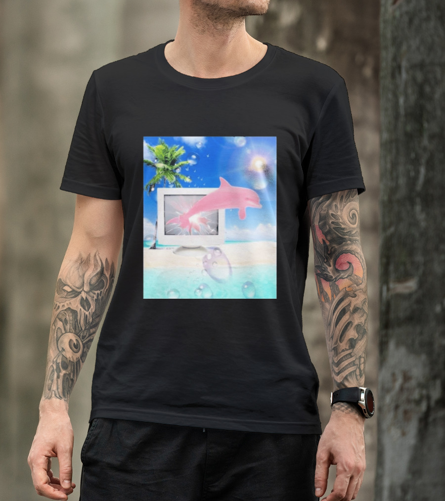 Frutiger Aero Y2k Vaporwave Palm Tree Pink Dolphin Cyberpunk Aesthetic T-Shirt
