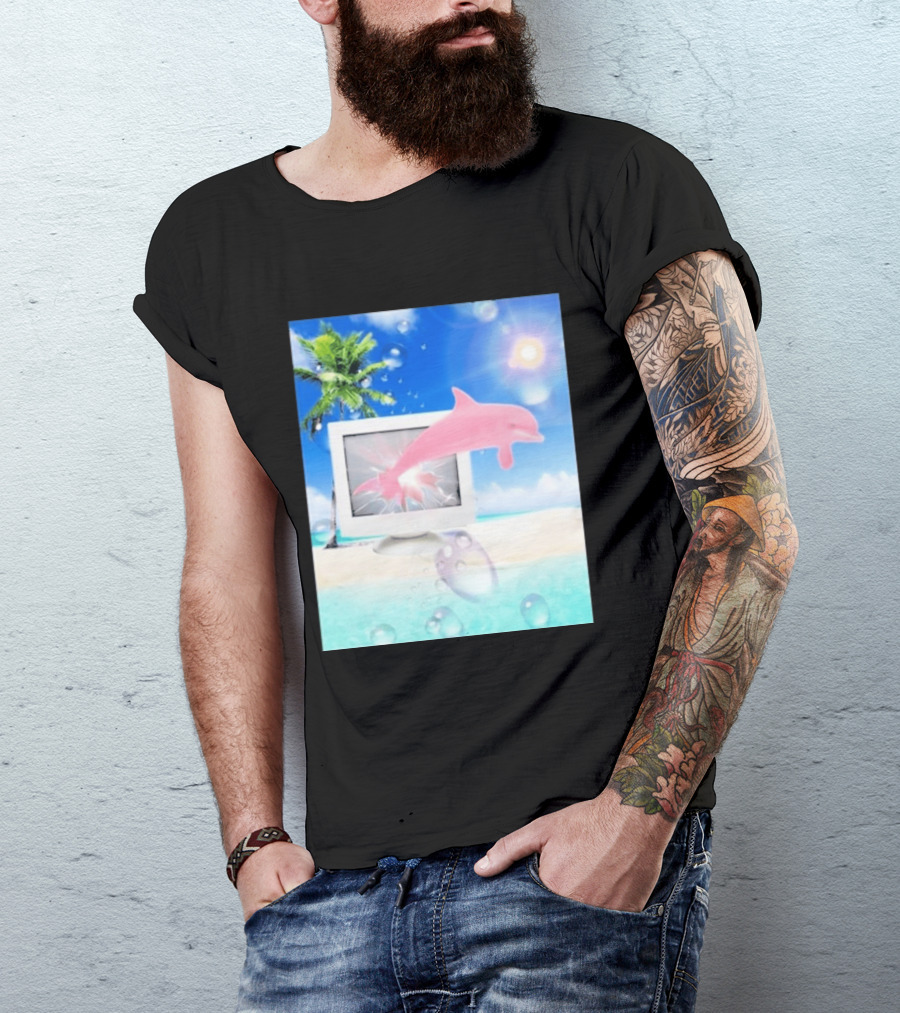 Frutiger Aero Y2k Vaporwave Palm Tree Pink Dolphin Cyberpunk Aesthetic T-Shirt