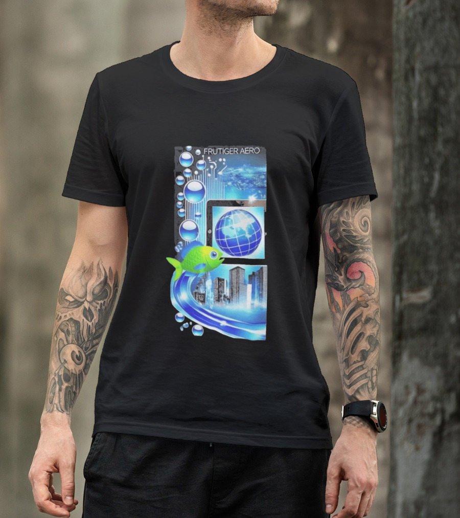 Frutiger Aero Y2K Global Tech Cityscape With Digital Fish And Blue T-Shirt