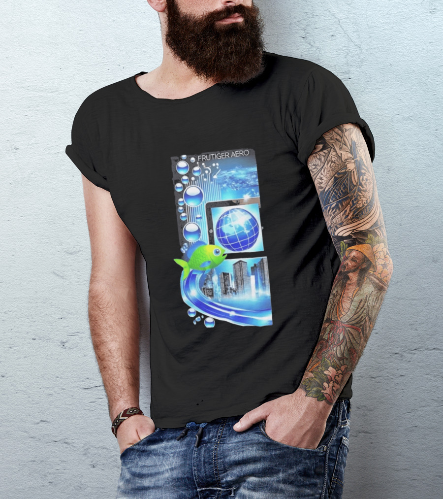 Frutiger Aero Y2K Global Tech Cityscape With Digital Fish And Blue T-Shirt
