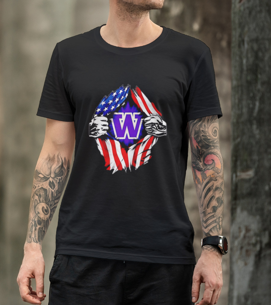 Washington Huskies W Logo American Flag Ripped Chest T-Shirt