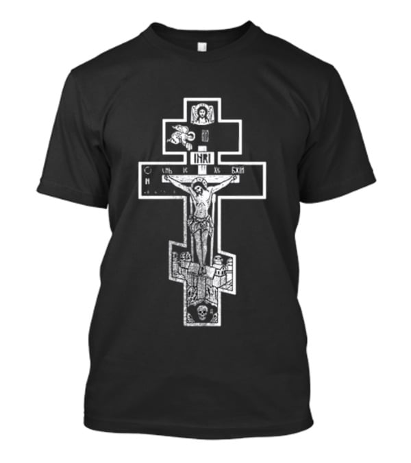 Jesus Christ INRI Crucifixion Symbol With Religious Icons And Figures T-Shirt