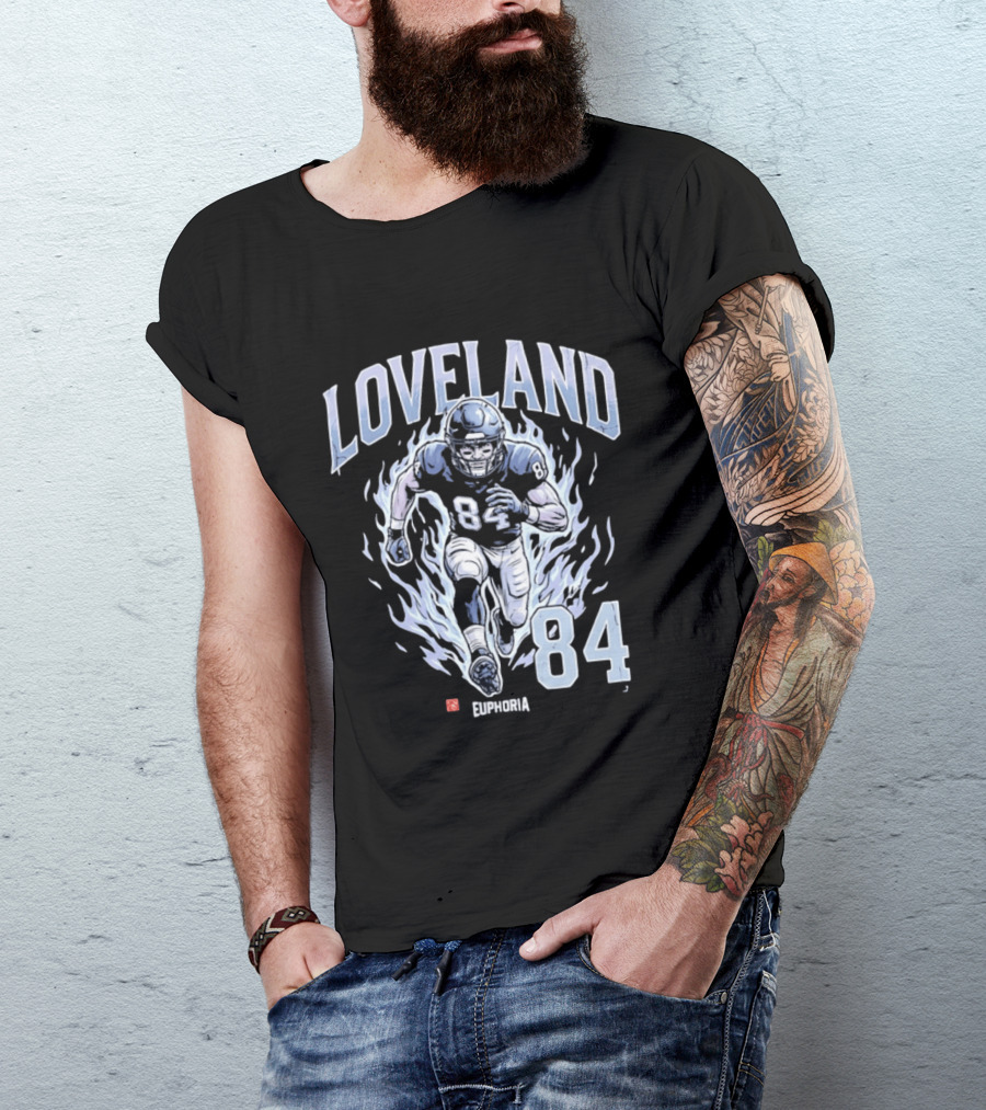 Loveland 84 Euphoria Football Player Blue Flames Athletic T-Shirt