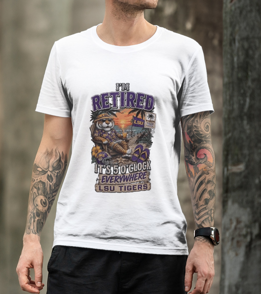 LSU Tigers I'm Retired It's 5 O' Everywhere Beach Relaxation With Palm Trees And Sunset T-Shirt