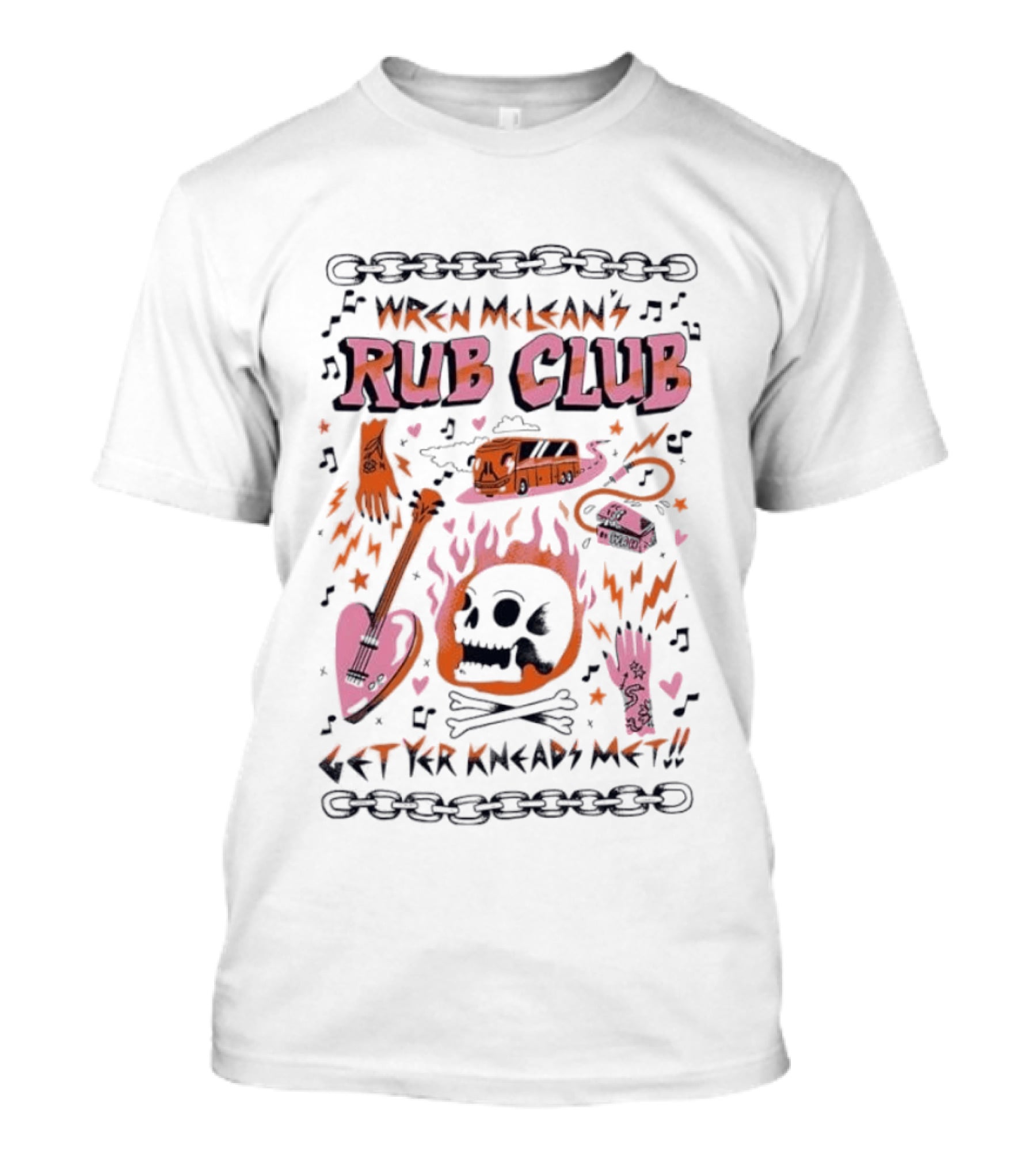 Wren Mcleans Rub Club Flaming Skull Heart Guitar Get Yr Kneads Met Tour Bus T-Shirt