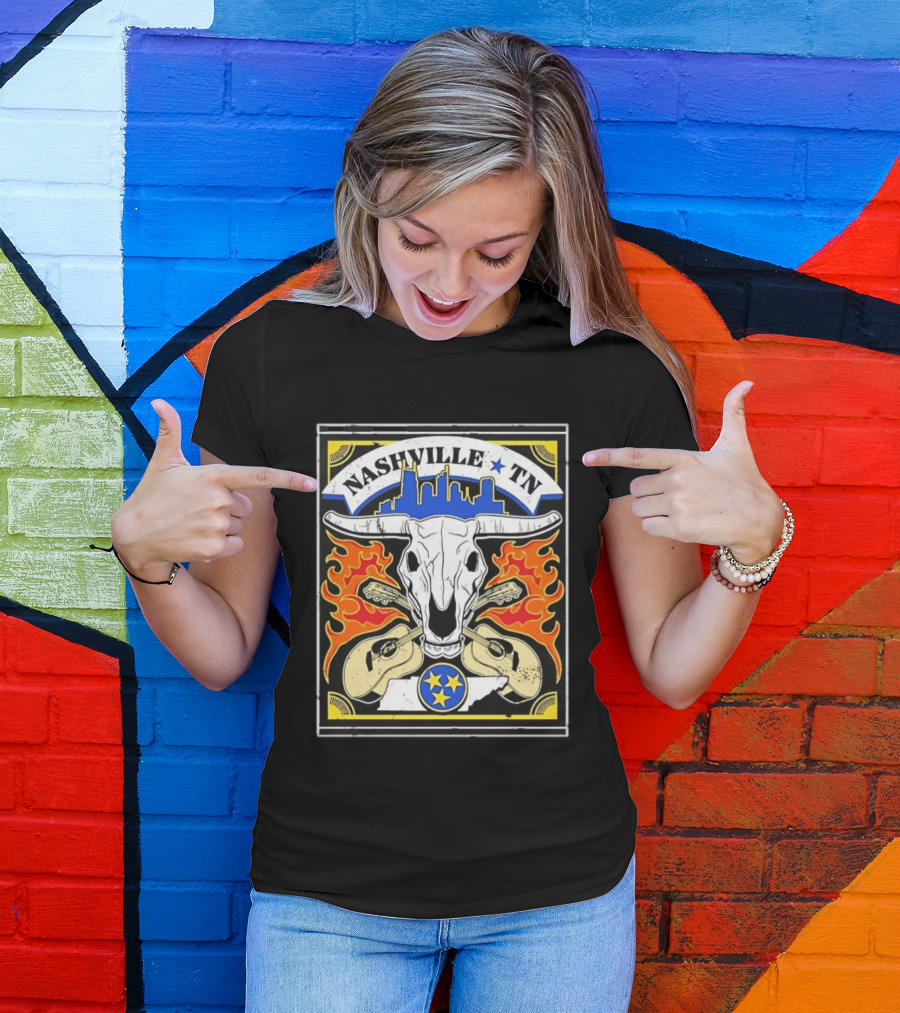 Nashville TN Cow Skull Guitars Flames Skyline Blue Star T-Shirt