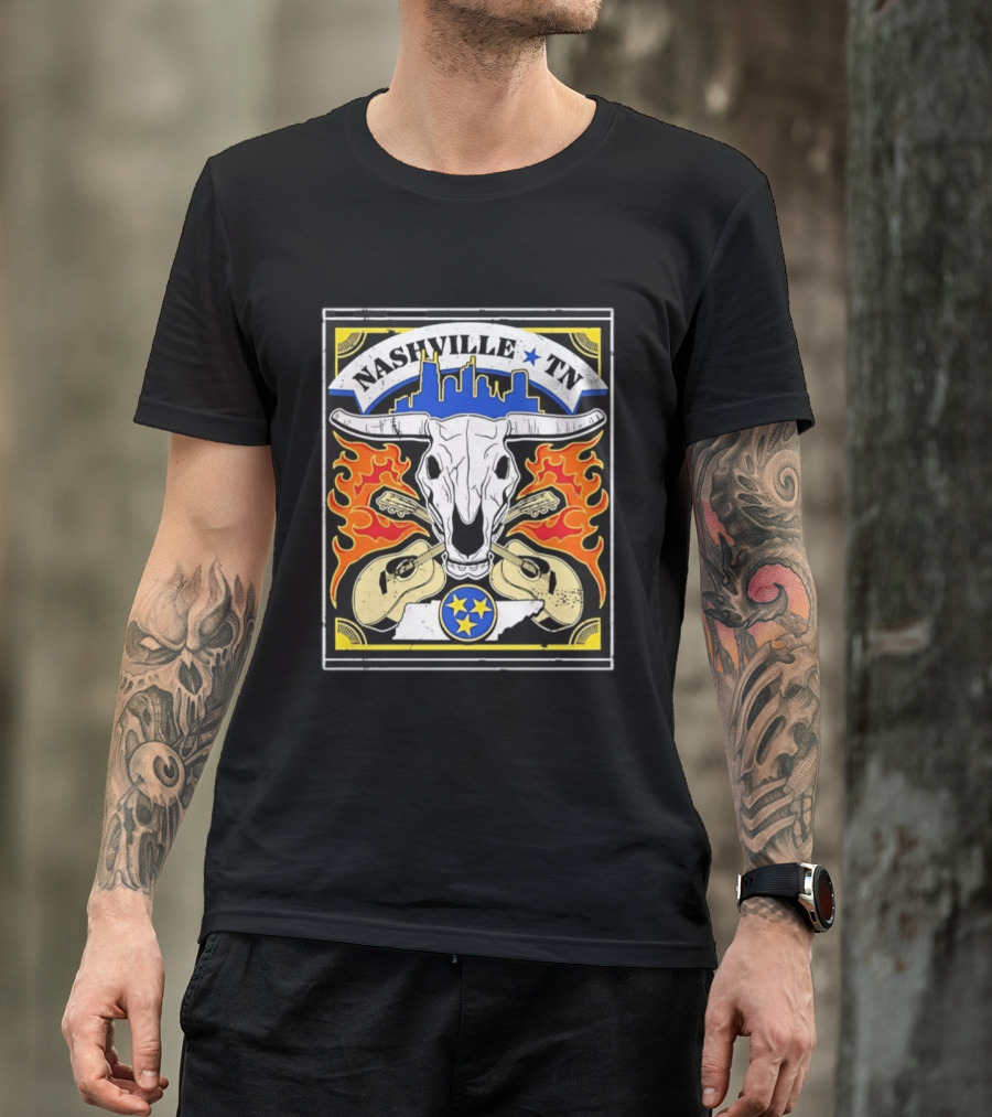 Nashville TN Cow Skull Guitars Flames Skyline Blue Star T-Shirt