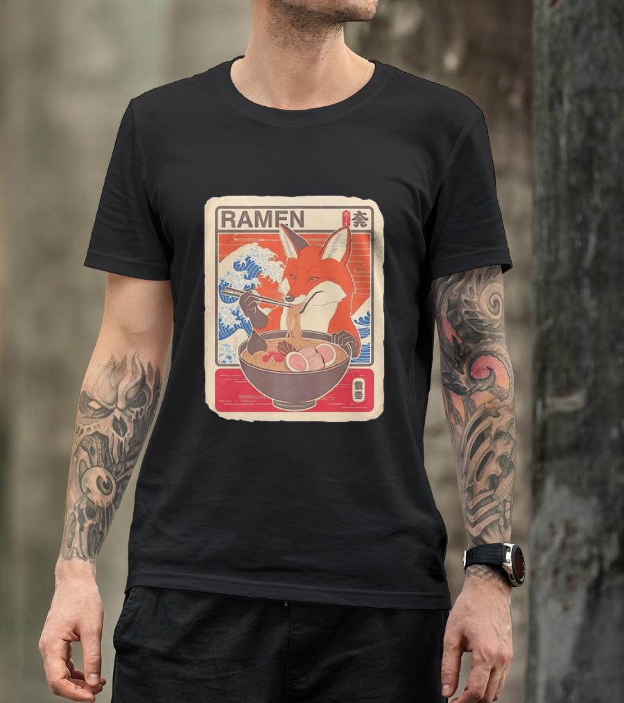 Fox Eating Ramen With Japanese Wave T-Shirt