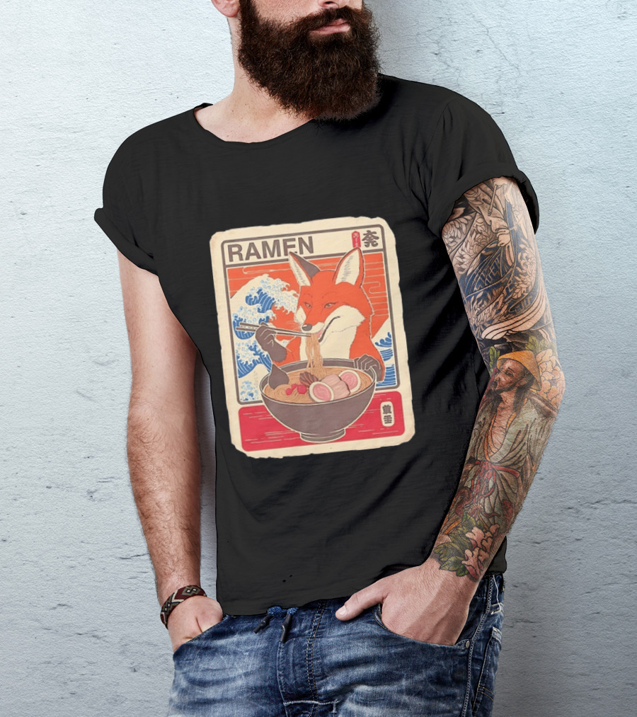 Fox Eating Ramen With Japanese Wave T-Shirt