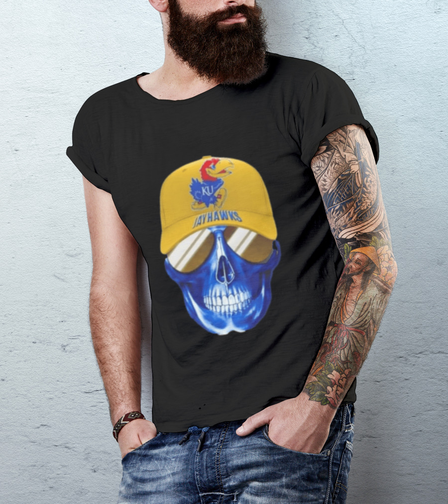 Kansas Jayhawks Skull Cap Fans Wear KU Jayhawks Edition T-Shirt