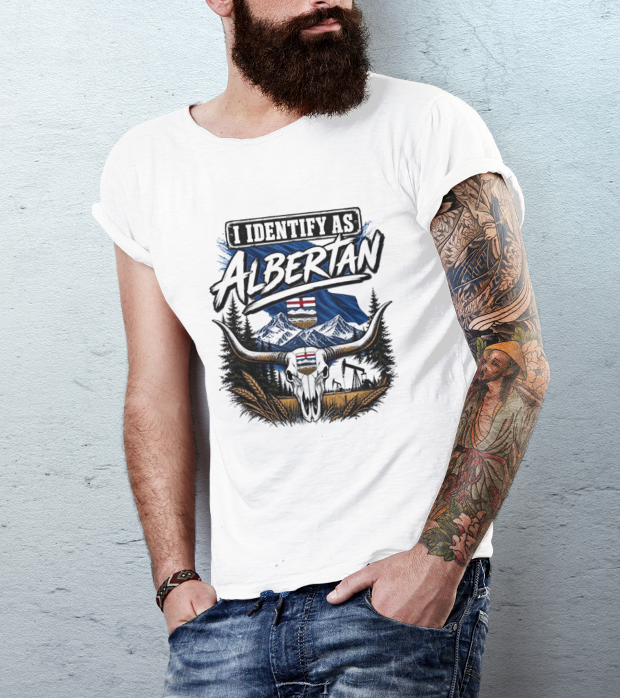 I Identify As Albertan Alberta Flag Longhorn Skull Wheat Forest Scene T-Shirt