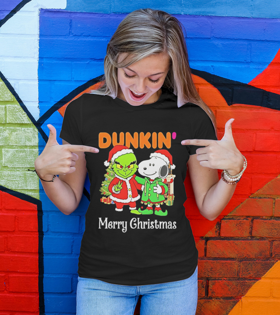 Dunkin Merry Christmas Grinch Snoopy Santas T-Shirt