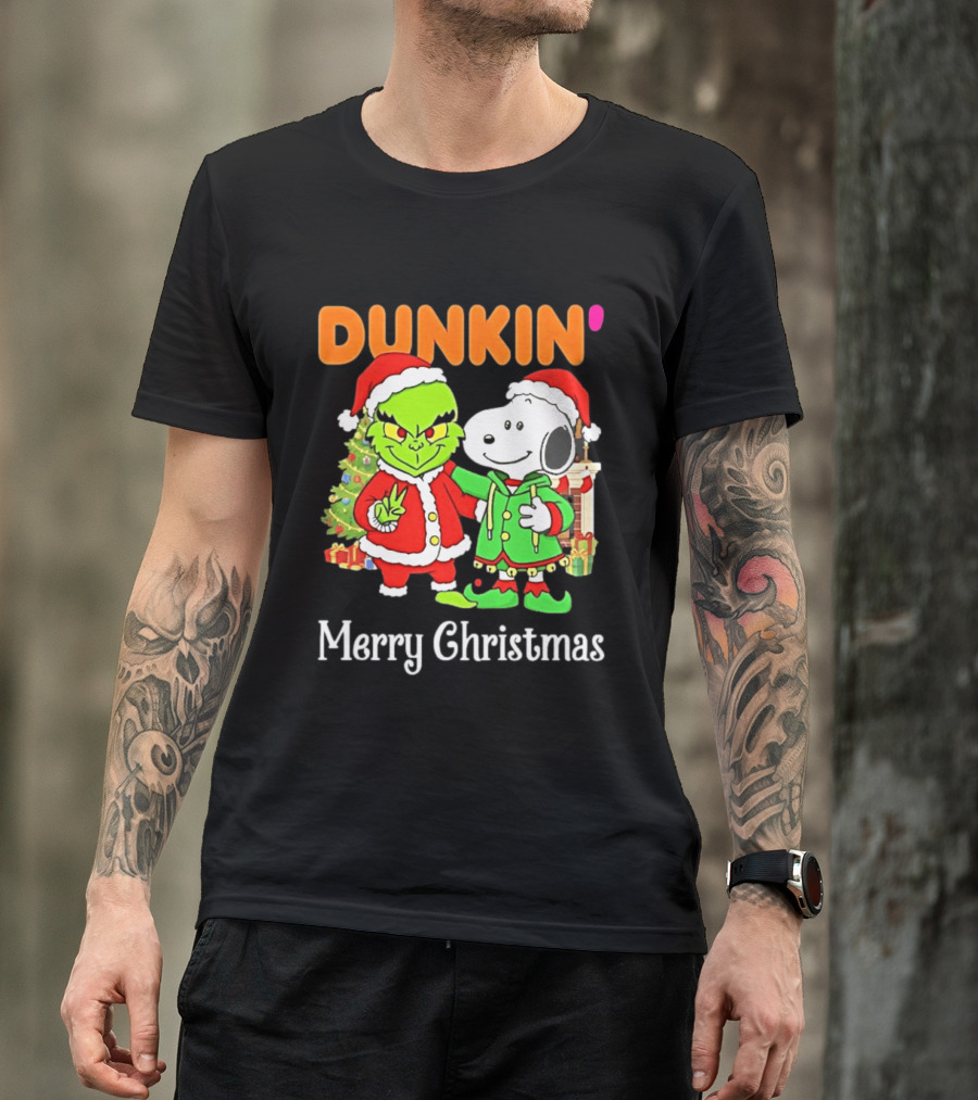 Dunkin Merry Christmas Grinch Snoopy Santas T-Shirt