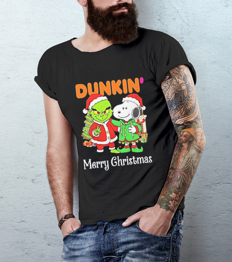 Dunkin Merry Christmas Grinch Snoopy Santas T-Shirt