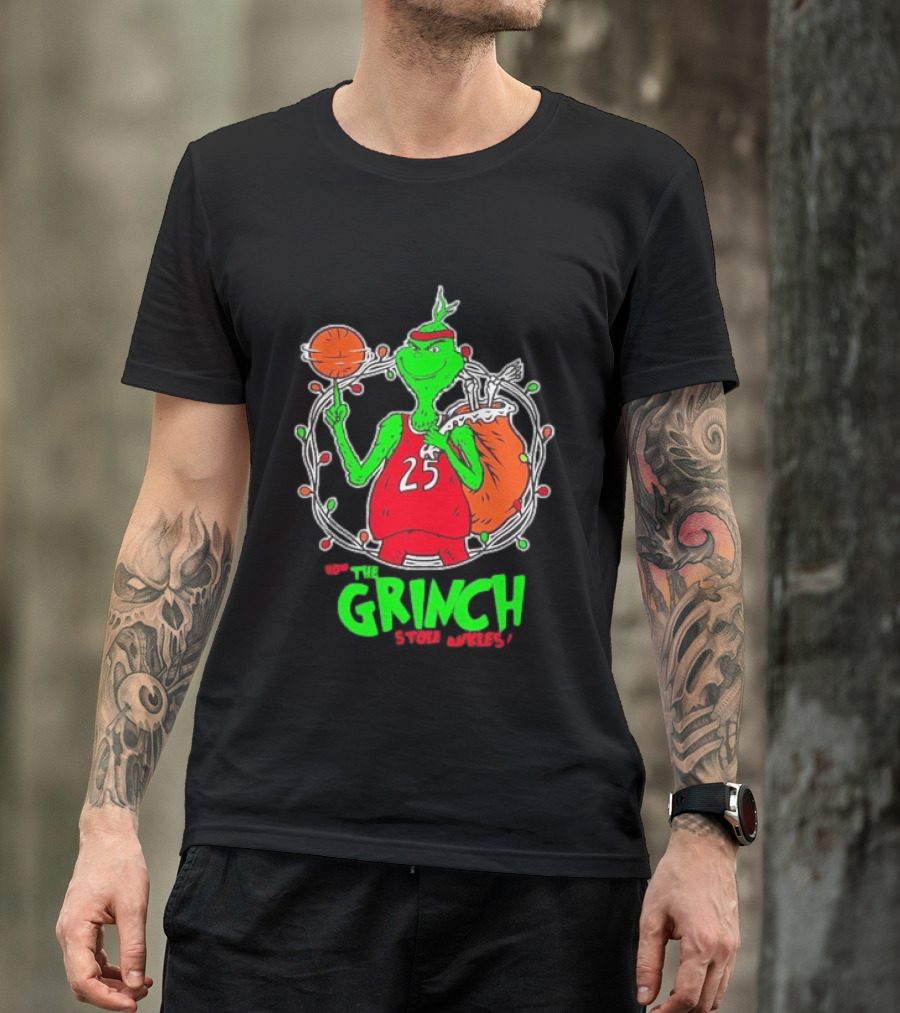 The Grinch Basketball Christmas Lights Jersey 25 Stole Ankles Green T-Shirt