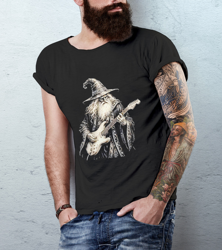 Wizard Playing Electric Guitar Fantasy Musician Magical Rock Legend T-Shirt