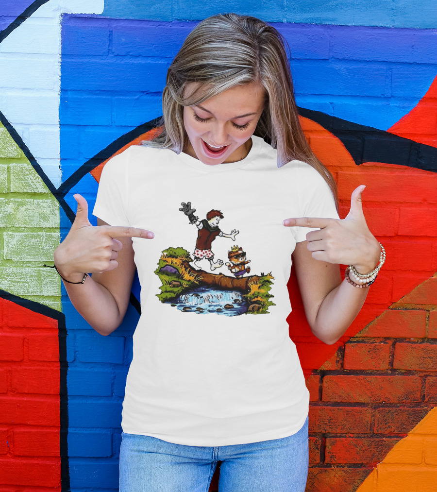Boy And Crowned Cat Balancing On Log Over Stream T-Shirt