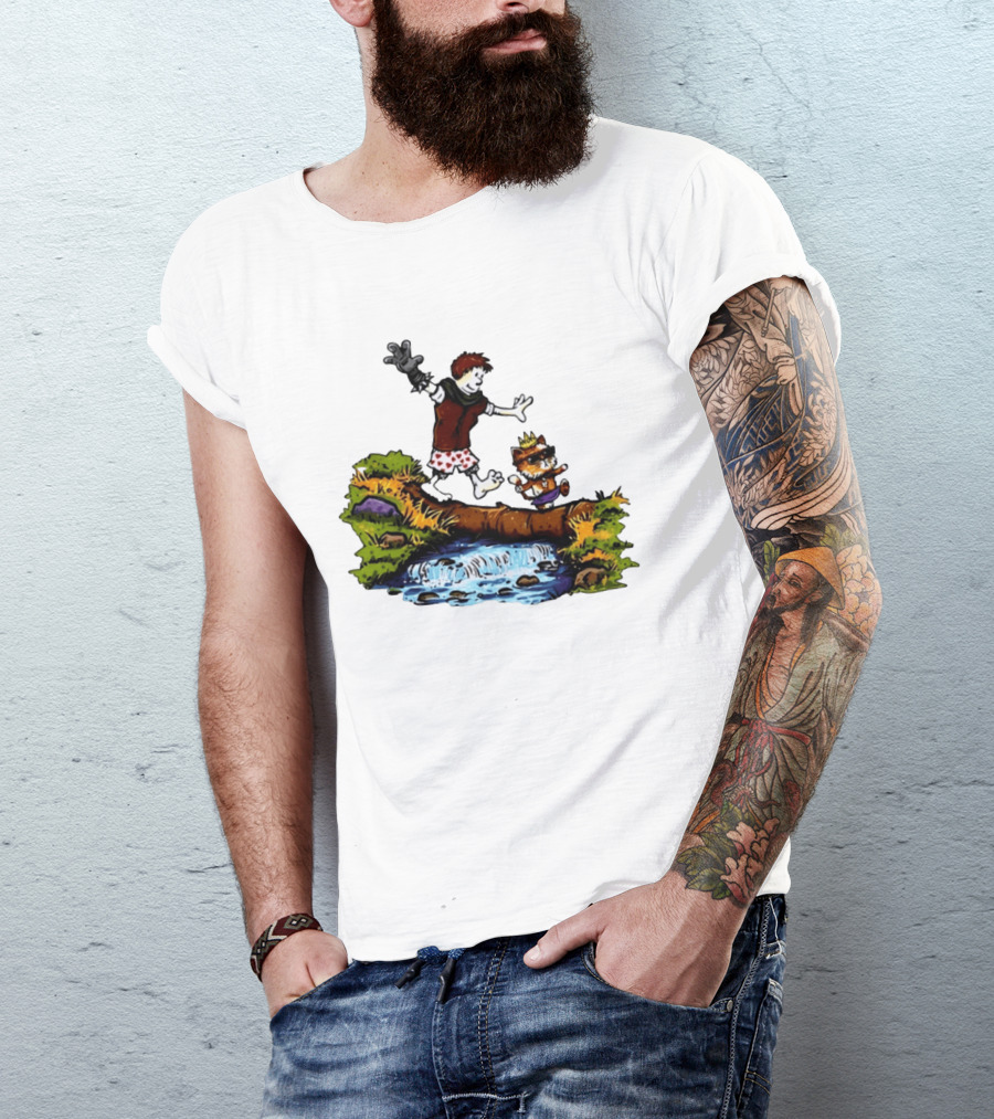 Boy And Crowned Cat Balancing On Log Over Stream T-Shirt
