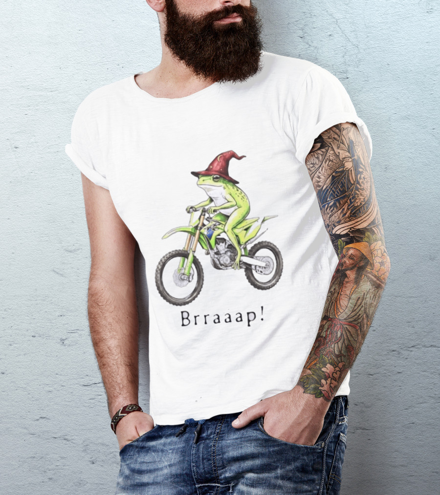 Brraaap Wizard Frog On Green Motocross Bike T-Shirt