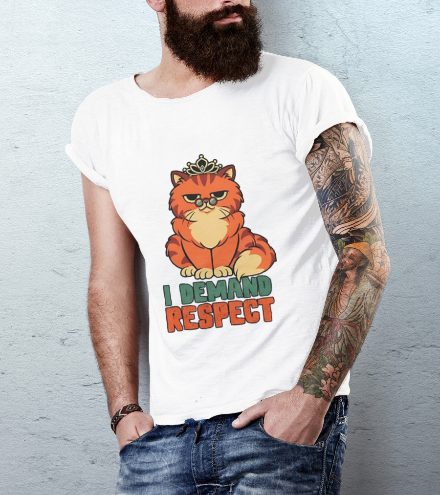 Cat With Crown I Demand Respect Pet Lover Distressed T-Shirt