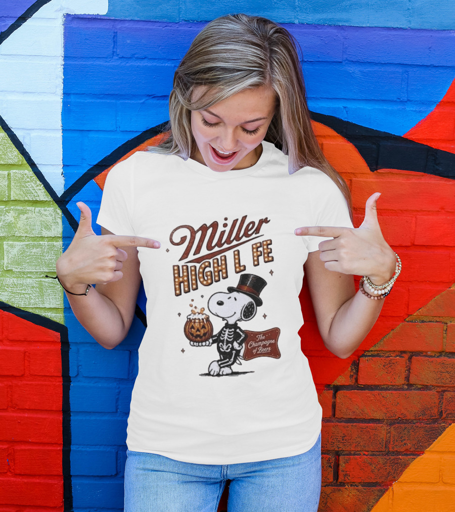 Miller High Life Snoopy Skeleton Halloween The Champagne Of Beers T-Shirt