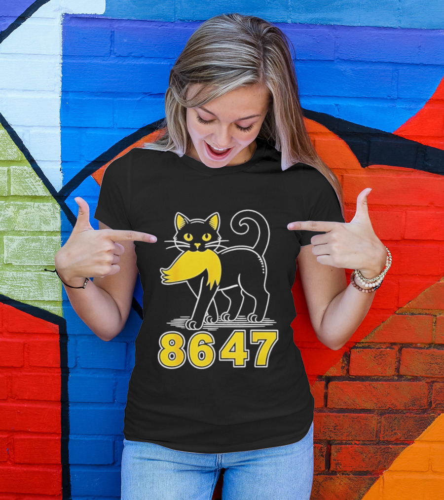 Black Cat 8647 Feline With Yellow Mustache T-Shirt