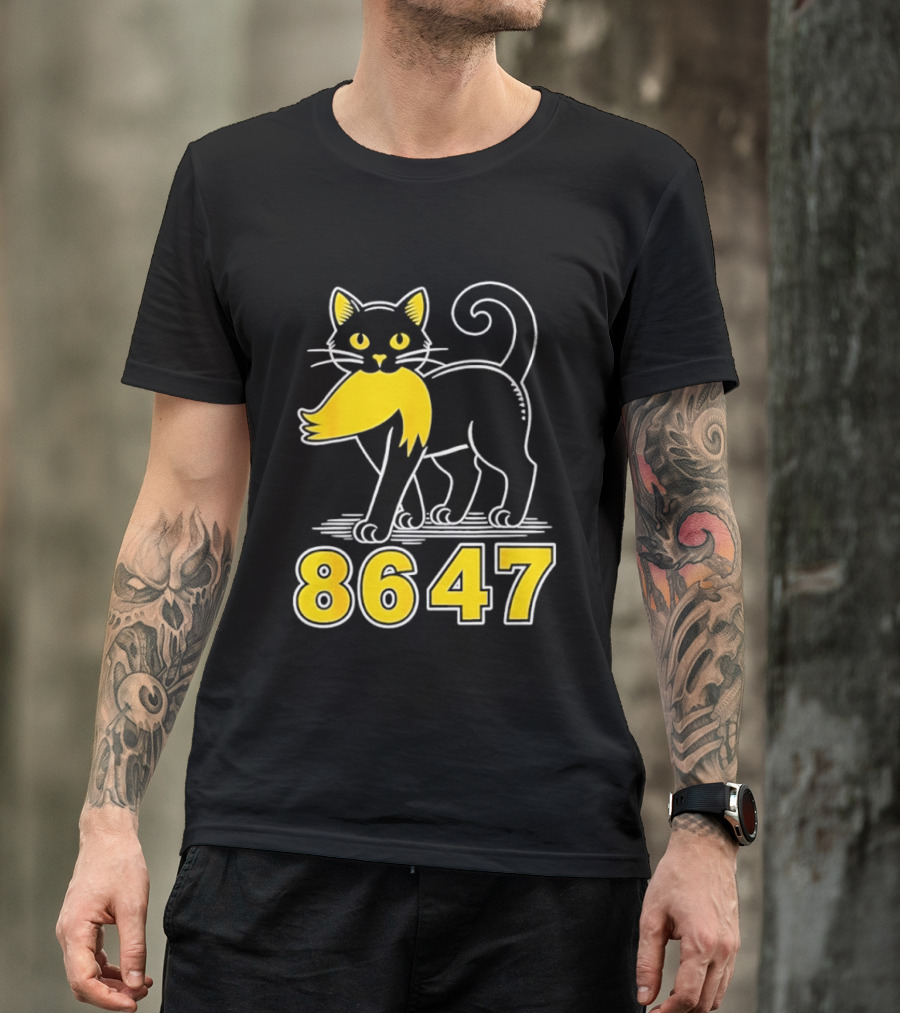 Black Cat 8647 Feline With Yellow Mustache T-Shirt