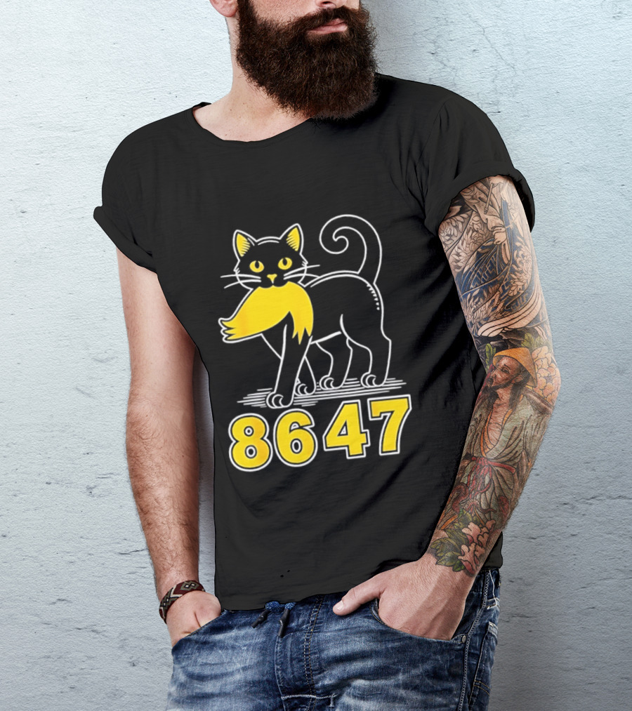 Black Cat 8647 Feline With Yellow Mustache T-Shirt