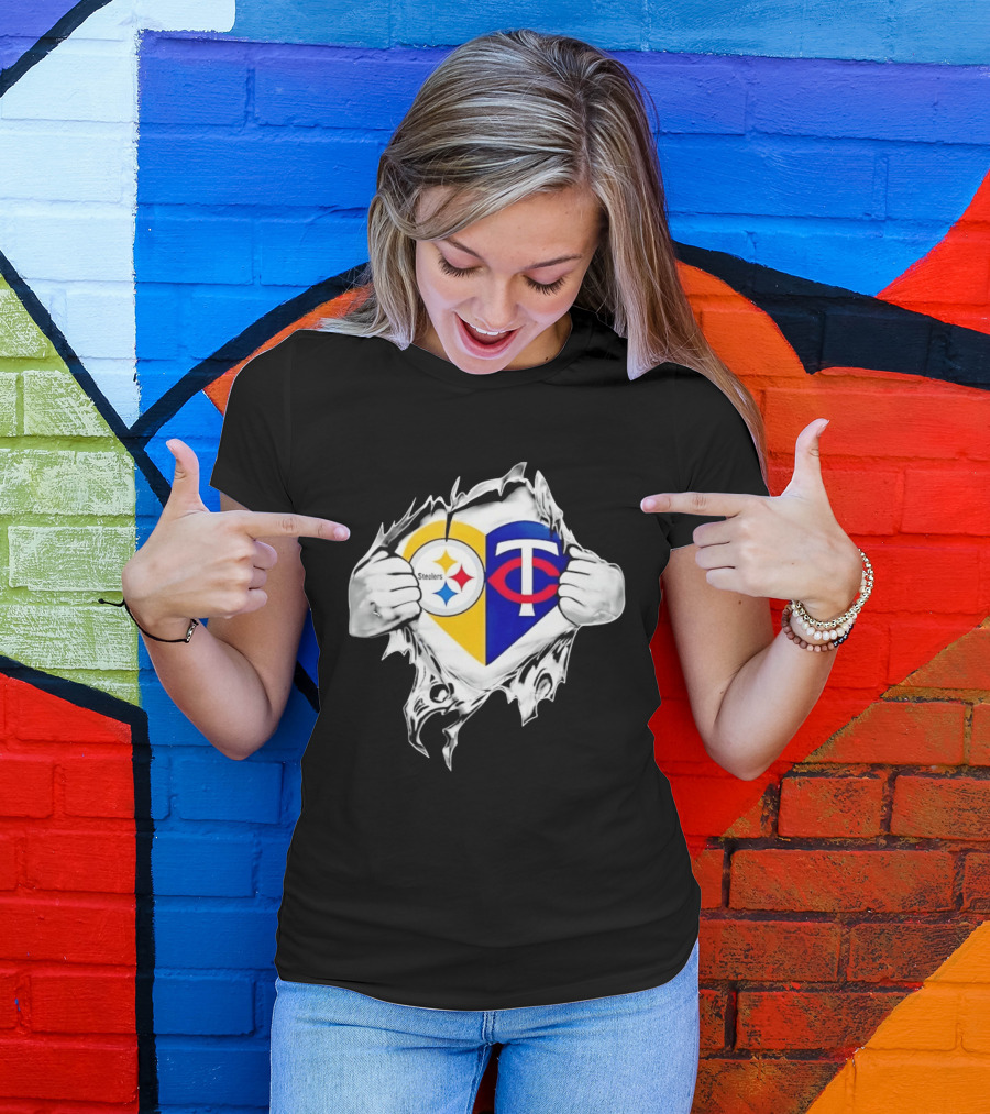 Pittsburgh Steelers Minnesota Twins Heart Superman Chest Rip T-Shirt
