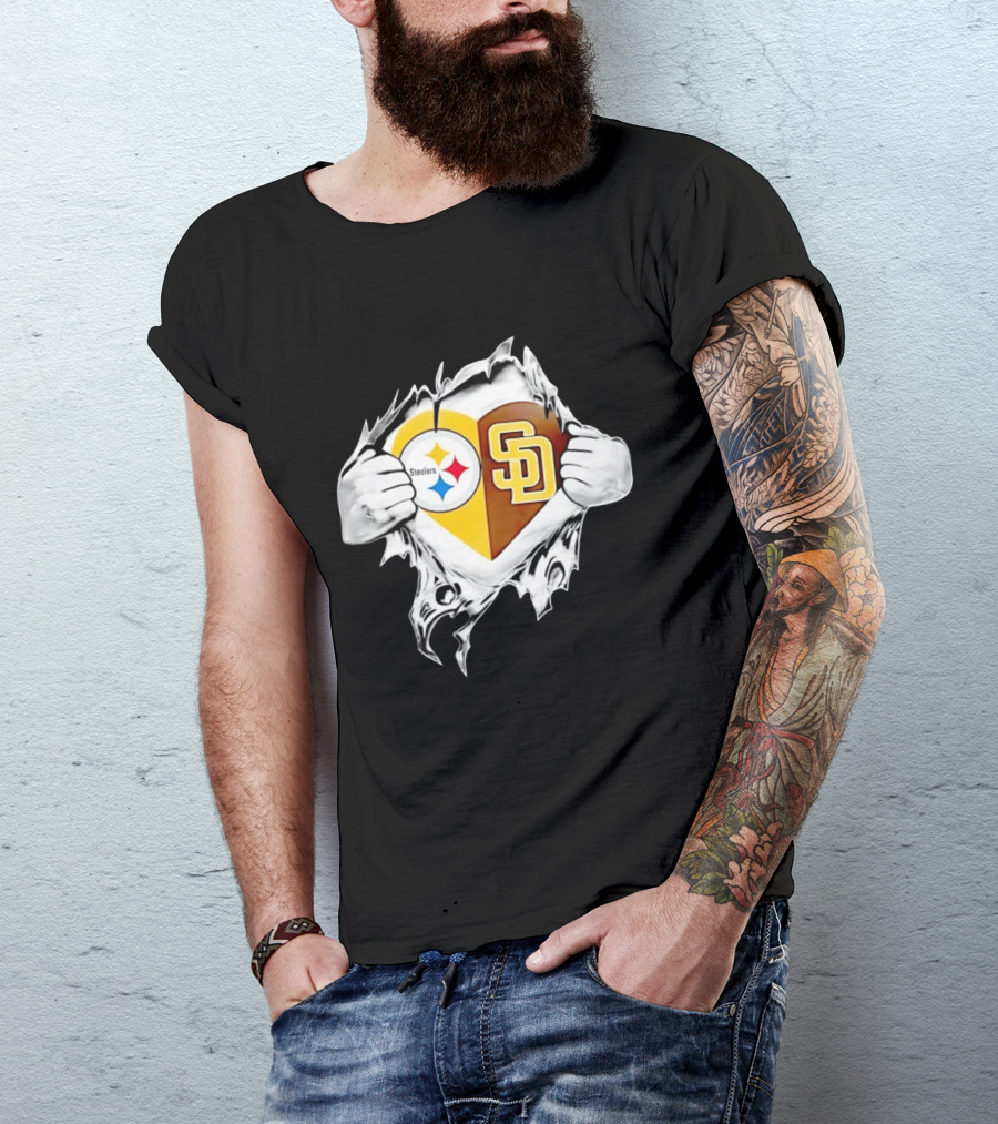 Pittsburgh Steelers San Diego Padres Heart Superman Chest Rip T-Shirt