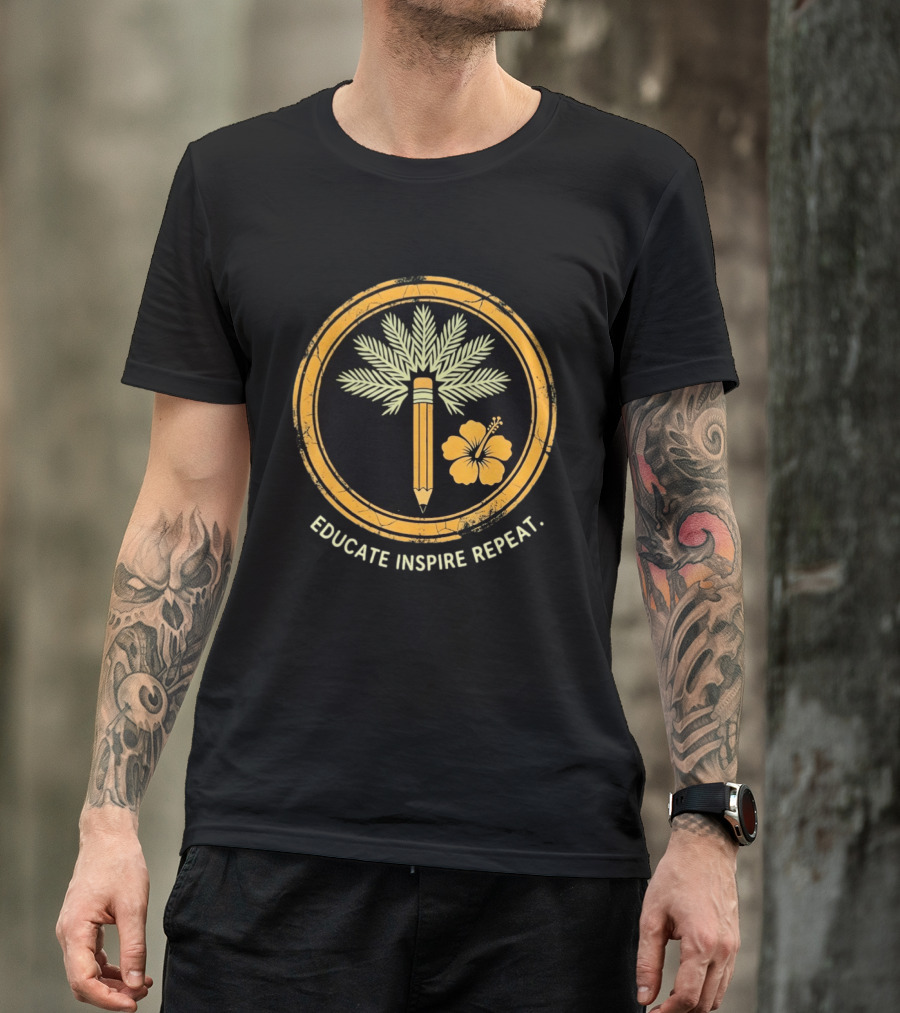 Distressed Educate Inspire Repeat Palm Tree Pencil Hibiscus T-Shirt