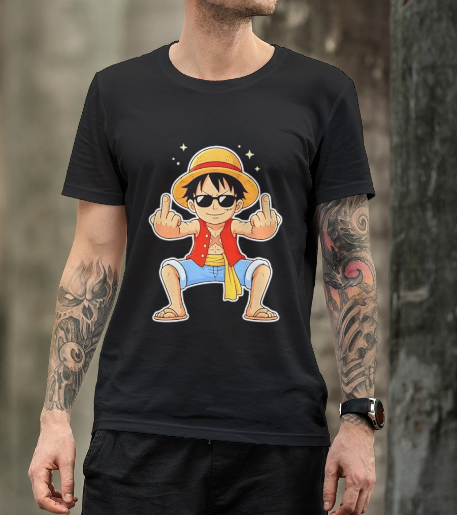 Monkey D Luffy Sunglasses Middle Finger Gesture Anime T-Shirt