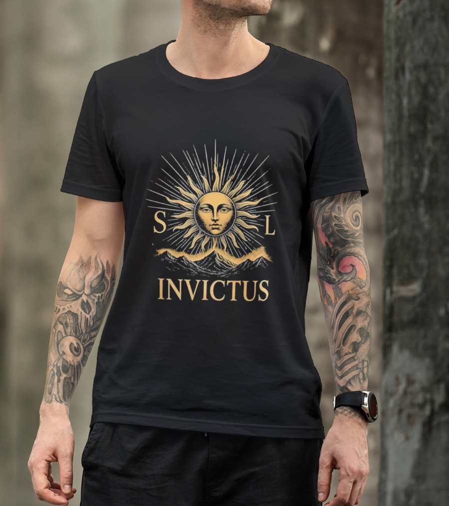 Sol Invictus Sun Face With Radiant Beams And Mountain Celestial T-Shirt