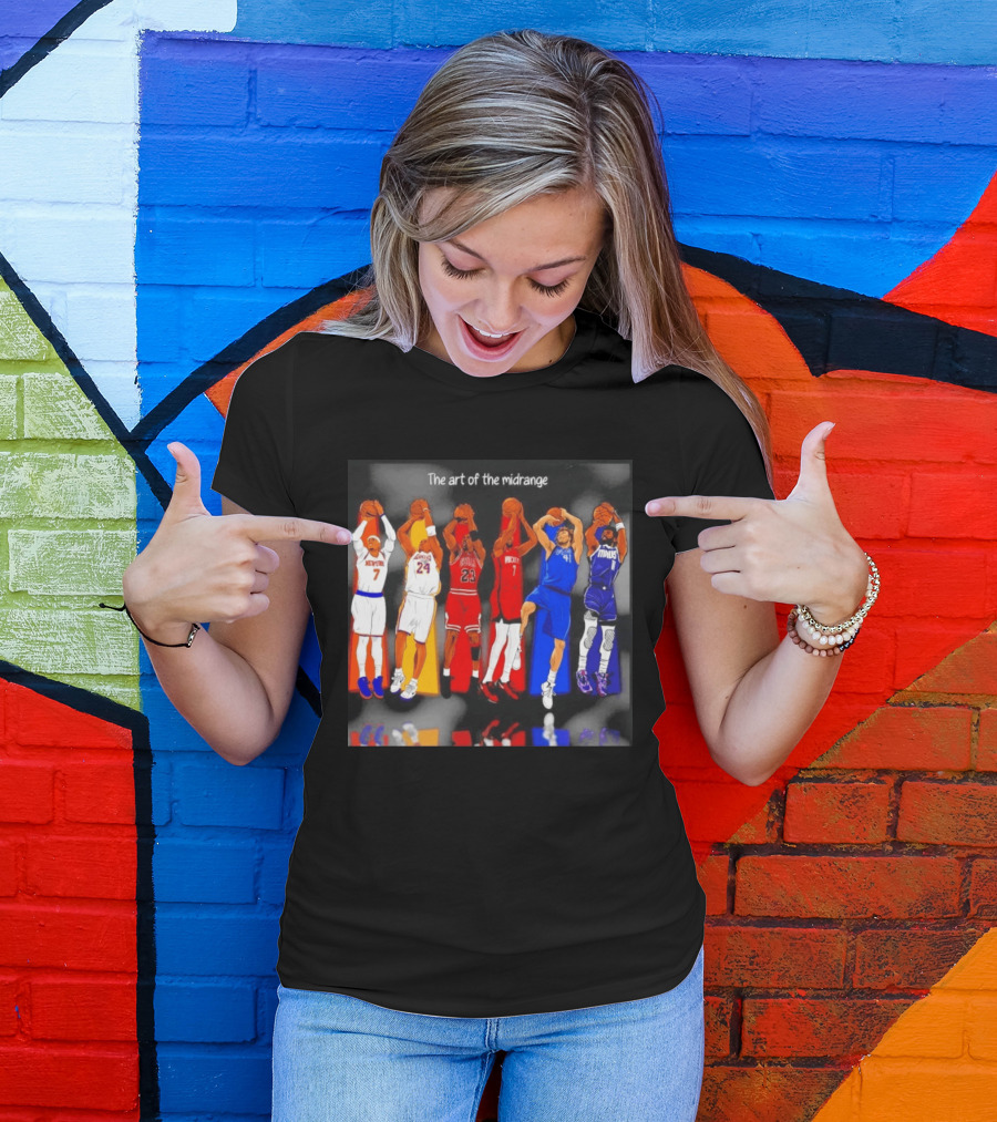 The Art Of The Midrange Basketball Legends Collage Knicks Lakers Bulls Rockets Mavericks T-Shirt