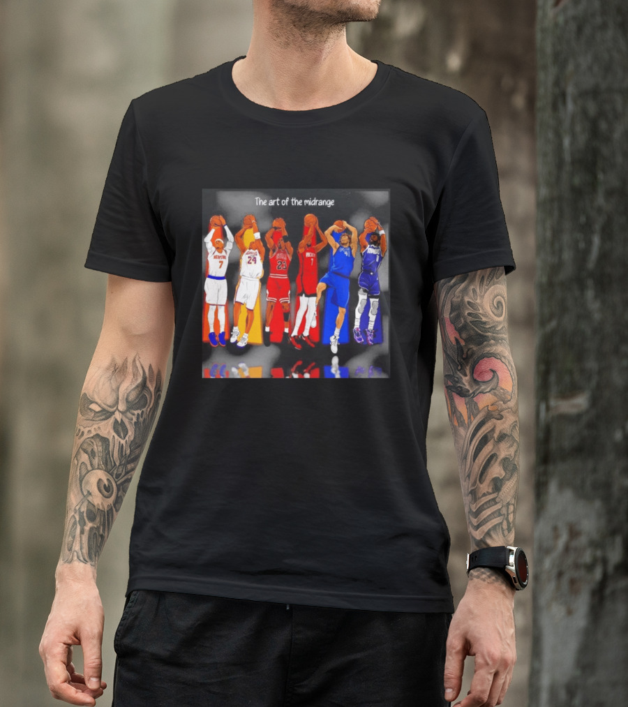 The Art Of The Midrange Basketball Legends Collage Knicks Lakers Bulls Rockets Mavericks T-Shirt