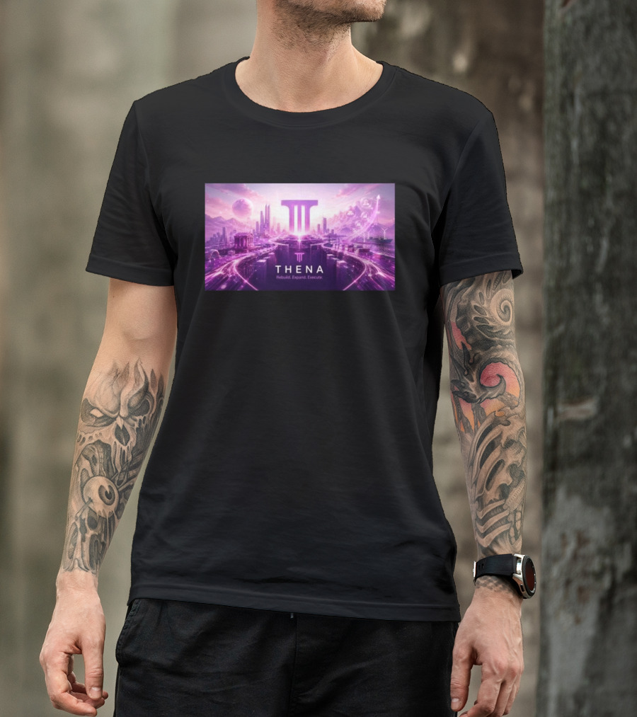 Thena Rebuild Expand Execute Futuristic Cityscape With Purple Skyline And Skyscrapers T-Shirt