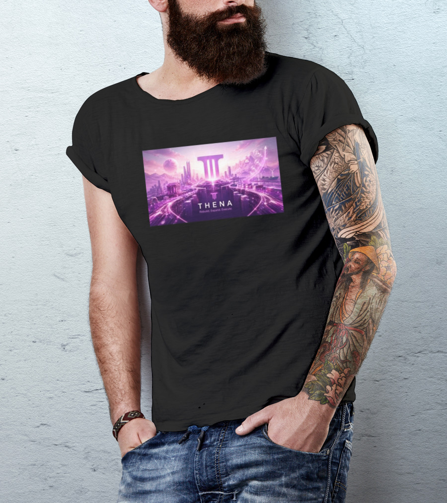 Thena Rebuild Expand Execute Futuristic Cityscape With Purple Skyline And Skyscrapers T-Shirt