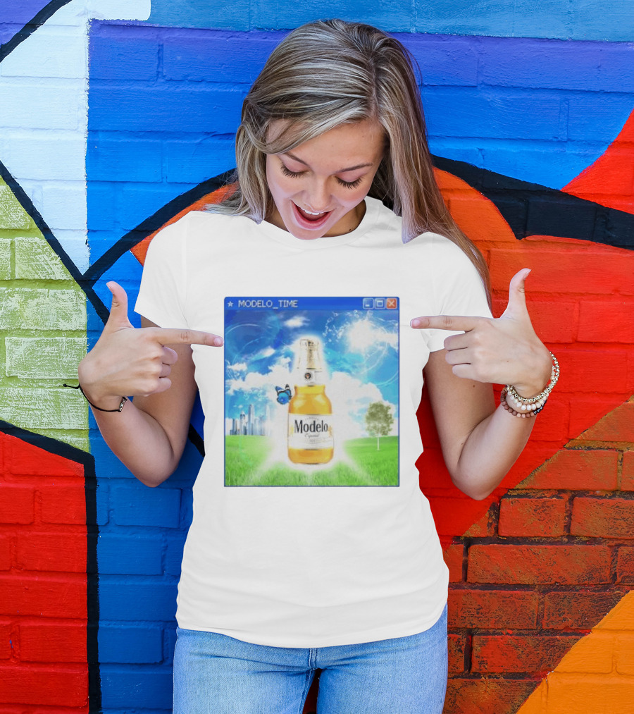 Modelo Time Frutiger Aero Aesthetic Butterfly Bottle Clouds Cityscape T-Shirt