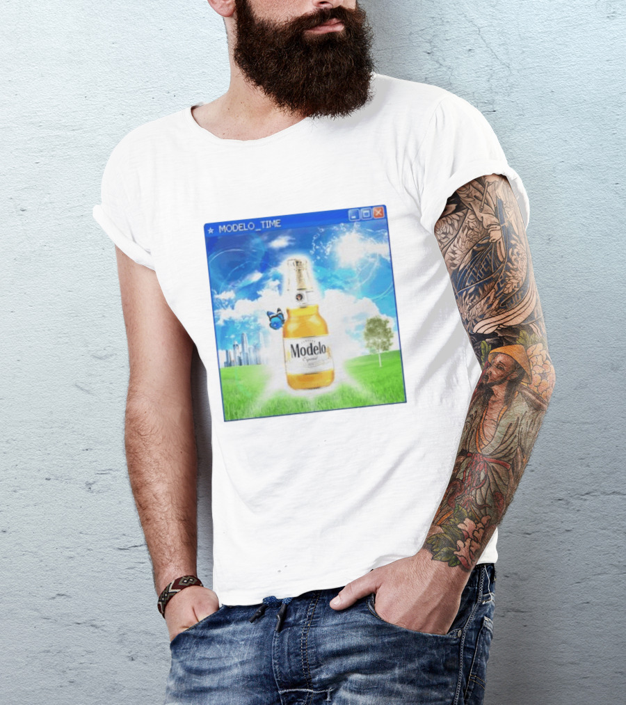 Modelo Time Frutiger Aero Aesthetic Butterfly Bottle Clouds Cityscape T-Shirt