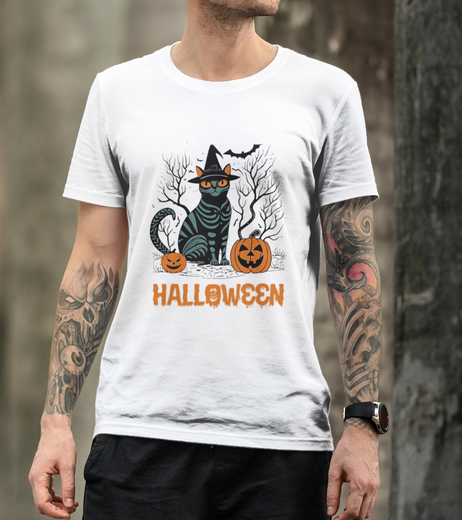 Halloween Skeleton Cat Witch Hat Pumpkins Spooky Forest Scene T-Shirt
