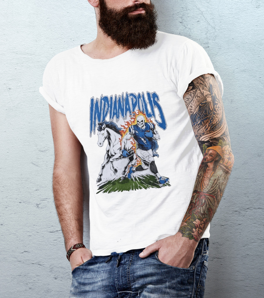 Indianapolis Football Skull And Horse Sports Flame Player Running T-Shirt