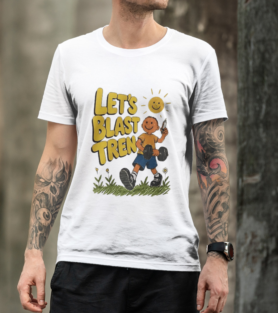 Let's Blast Tren Bodybuilding Fitness Workout Cartoon Dumbbell Sun T-Shirt