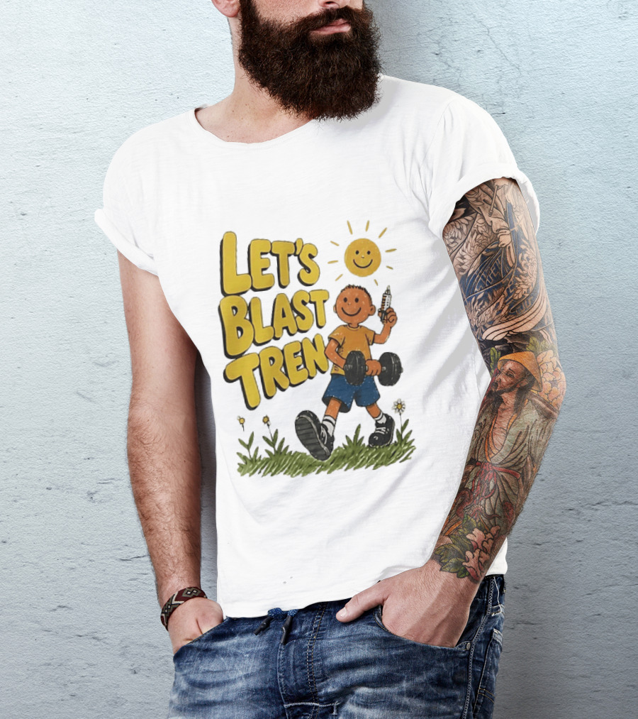 Let's Blast Tren Bodybuilding Fitness Workout Cartoon Dumbbell Sun T-Shirt