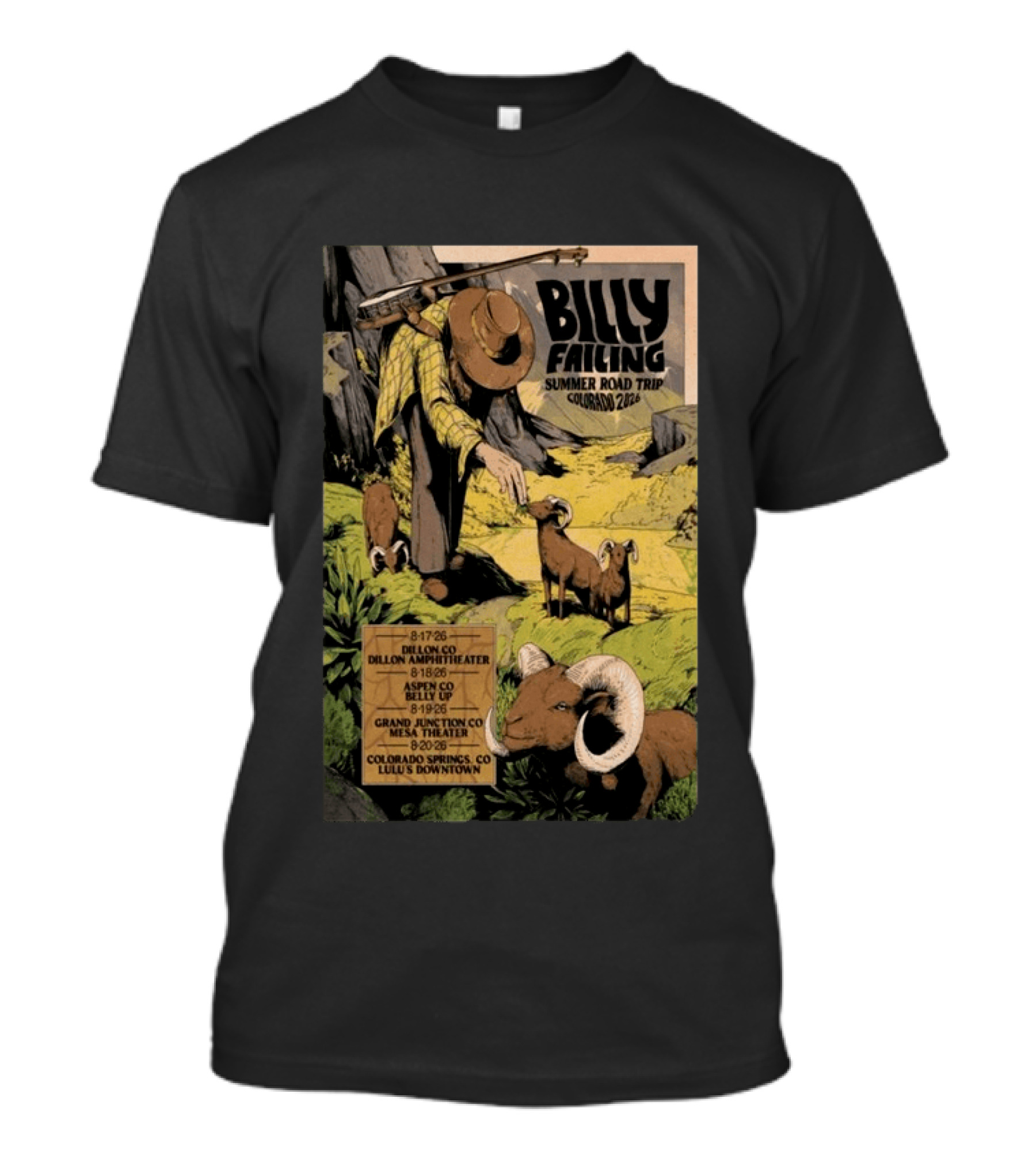 Billy Failing Summer Road Trip Colorado 2026 Grand Junction Lulu's Downtown Meadow Park Theater Dillon Amphitheater T-Shirt