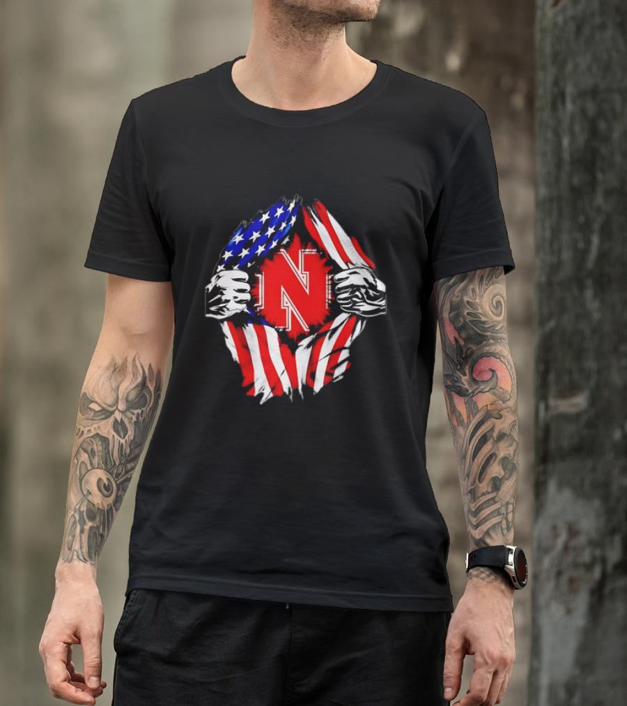 Nebraska Cornhuskers N Logo Ripped American Flag T-Shirt