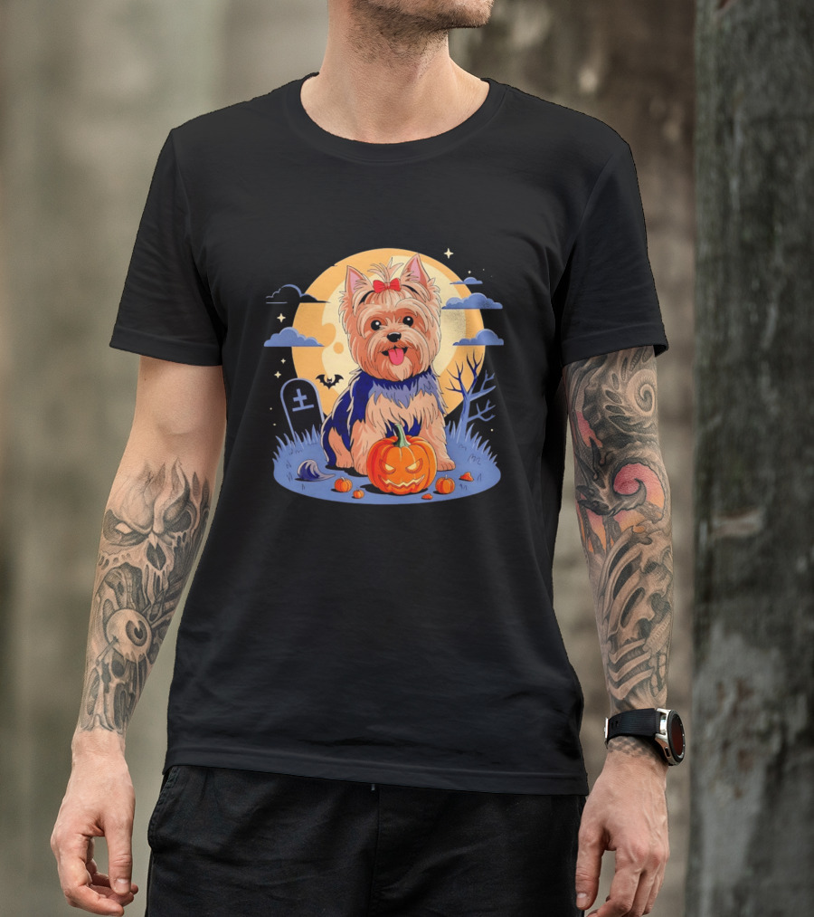 Yorkshire Terrier With Pumpkin On Spooky Halloween Night T-Shirt