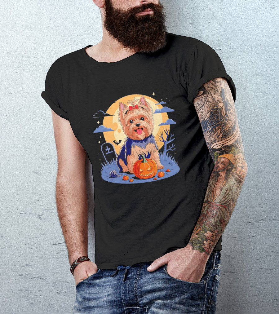 Yorkshire Terrier With Pumpkin On Spooky Halloween Night T-Shirt