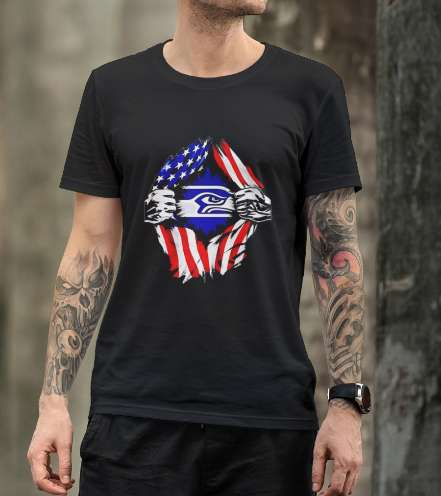 Seattle Seahawks American Flag Ripped Chest USA Fan Gear T-Shirt