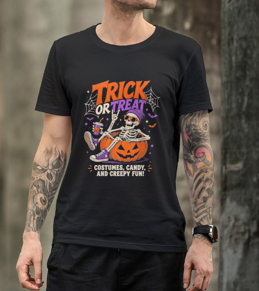 Skeleton Trick Or Treat Costumes Candy And Creepy Fun Halloween Party T-Shirt